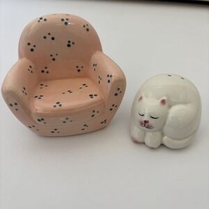 1980's Cat Nap Series: Cat on Pink Chair Salt & Pepper Shaker Set by Clay Art